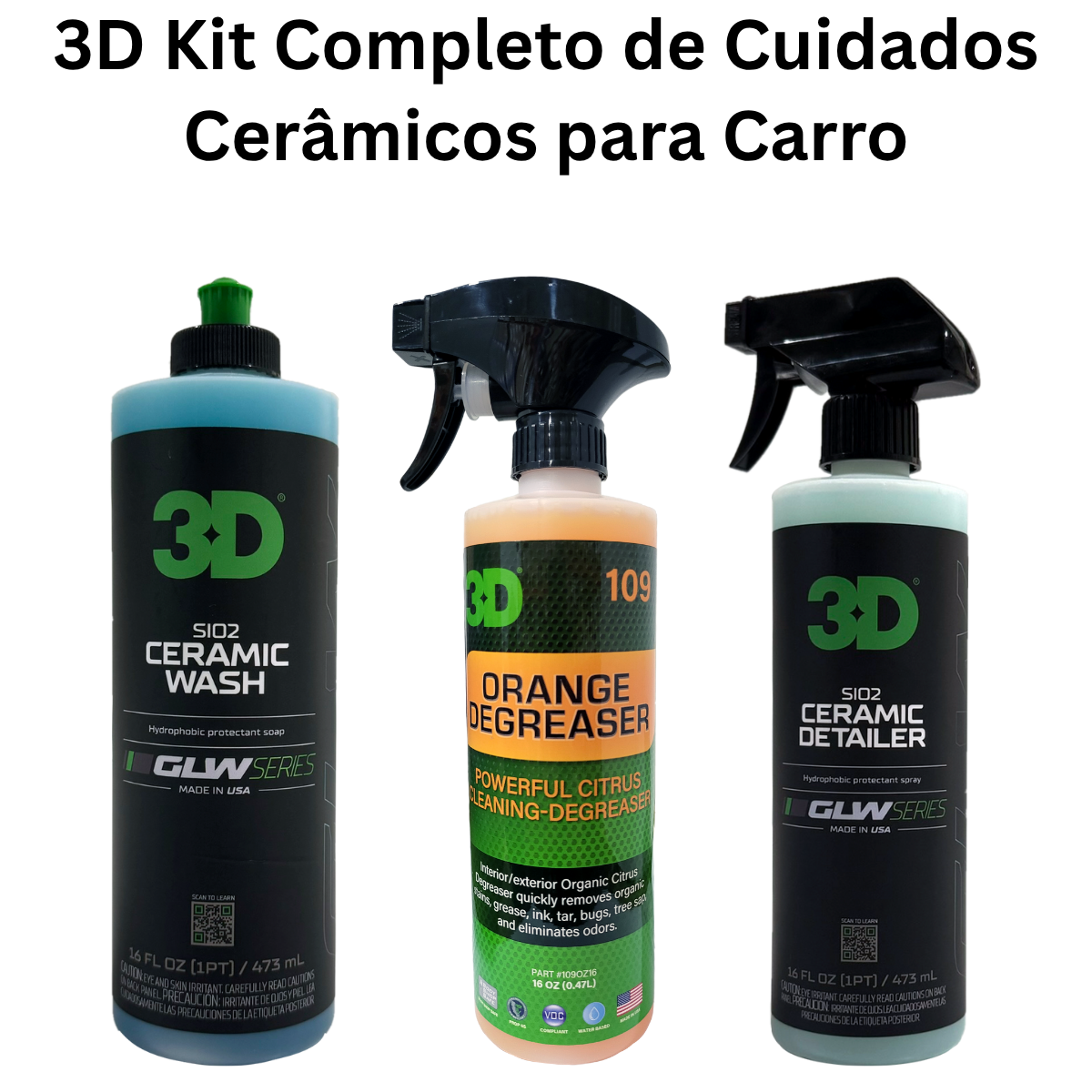 3D Ceramic Wash pH-balanced high foam car shampoo.
3D Orange Degreaser multi-purpose wheel, tire and bug cleaner.
3D Ceramic Detailer spray for shine and ceramic protection.