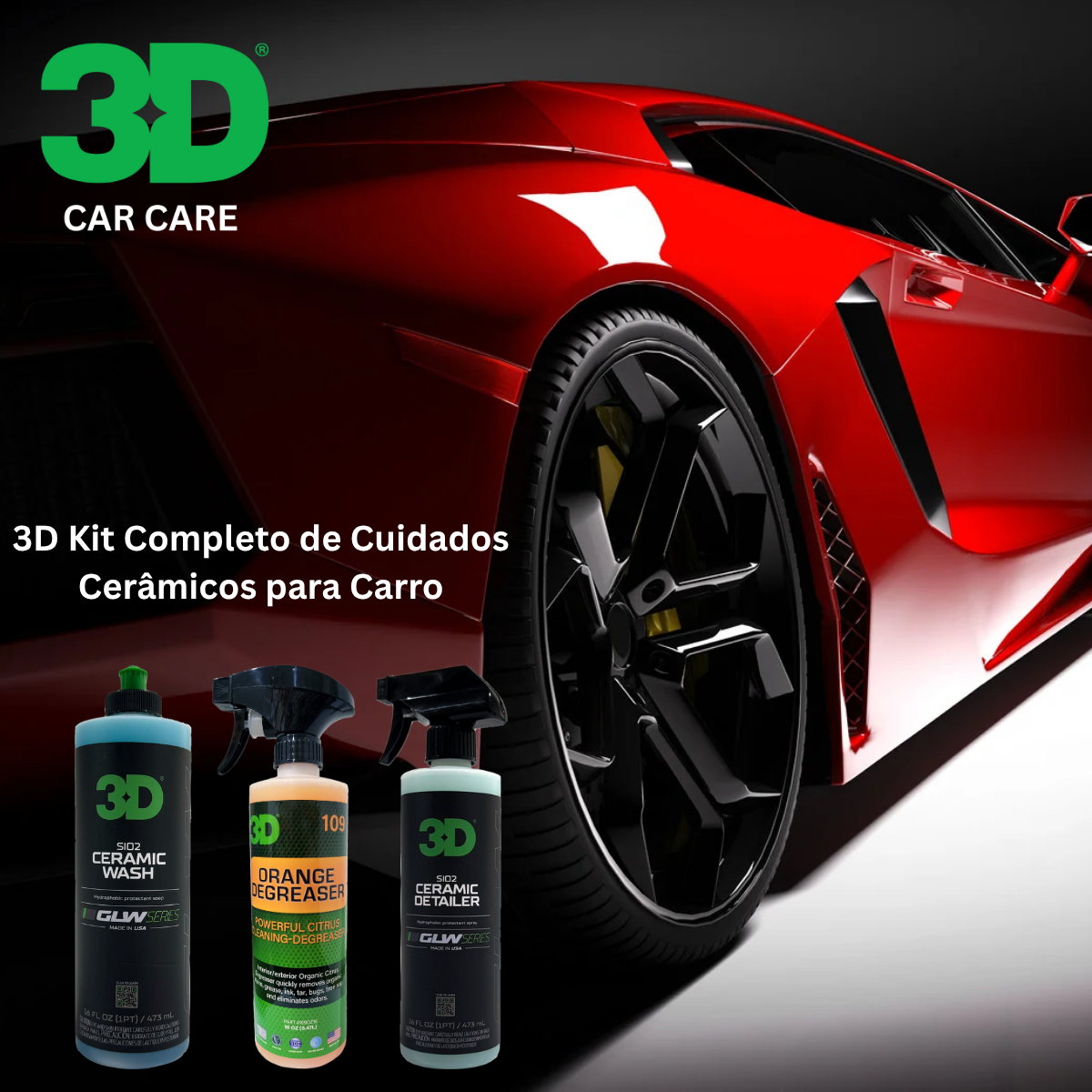 3D Full Car Ceramic Care Kit with shampoo, degreaser and ceramic detailer.